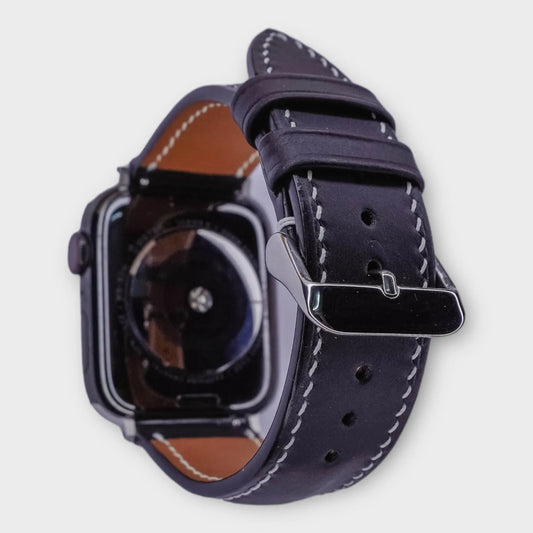 Elegant apple watch leather band made from black Nappa leather, soft and luxurious.