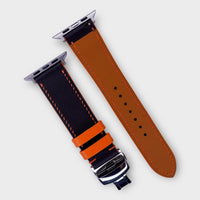 Durable leather watch straps in black and orange Swift leather, combining fashion with functionality.