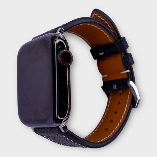 Premium leather Apple Watch band in black Babele leather, combining sleek design with lasting durability.