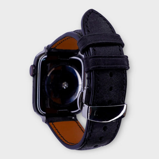 Apple watch leather band crafted from rugged black Pueblo leather for a timeless look.