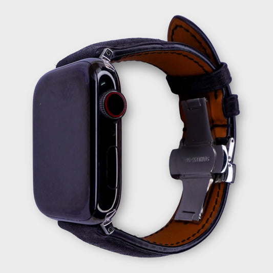 Leather Apple Watch band in durable black Pueblo leather, combining classic style with ruggedness.