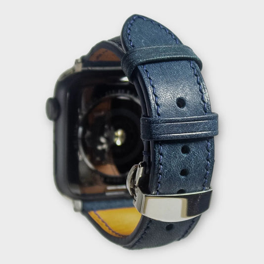 Apple watch bands in striking blue Pueblo leather, exemplifying premium Italian craftsmanship.