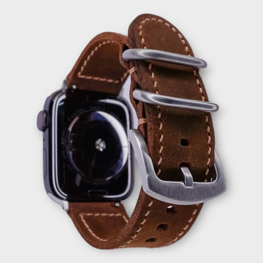 Luxurious apple watch leather band in dark brown waxy leather, built for longevity.
