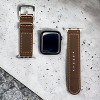 Elegant leather iwatch band in dark brown waxy leather, adds a touch of luxury to any outfit.