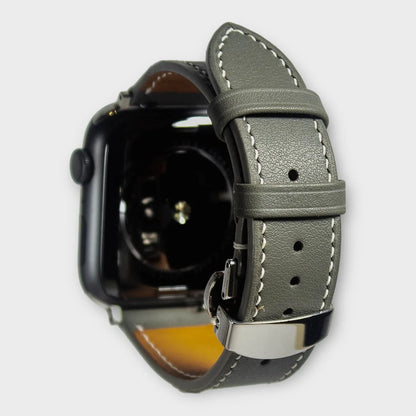 Apple watch bands in elegant grey Swift leather, durable design for everyday use.