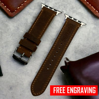 Leather watch bands crafted from brown waxy leather for Apple Watch. Free Engraving