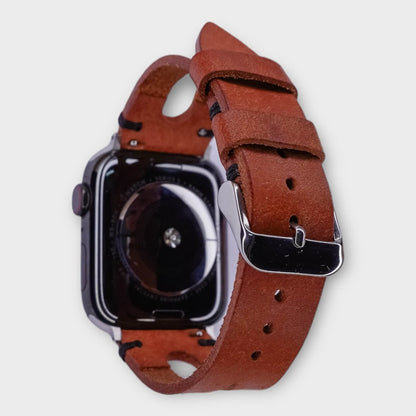 Handmade apple watch leather band in light brown Pueblo leather, exuding artisan charm.