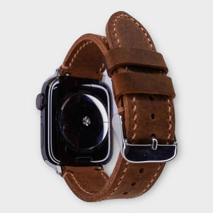 Sophisticated apple watch leather band in luxurious brown waxy leather.