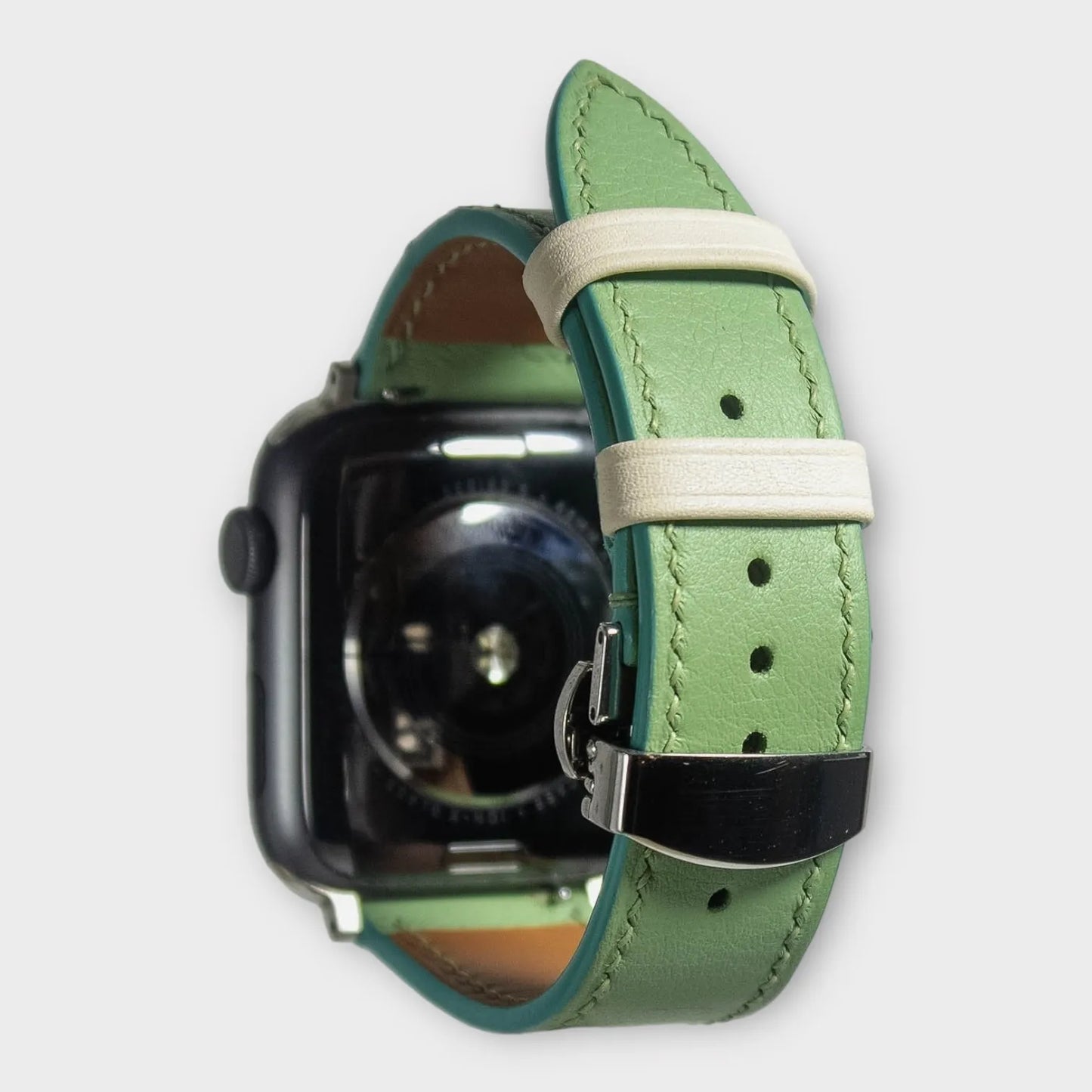 Apple watch bands in fresh mint green Swift leather, adding a pop of color to your style.