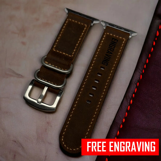 Premium Dark brown Leather watch bands crafted from brown waxy leather for Apple Watch. Free Engraving