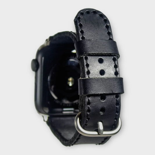 Apple watch bands in premium black Buttero Veg leather, offering a sleek and sophisticated upgrade for any Apple Watch.