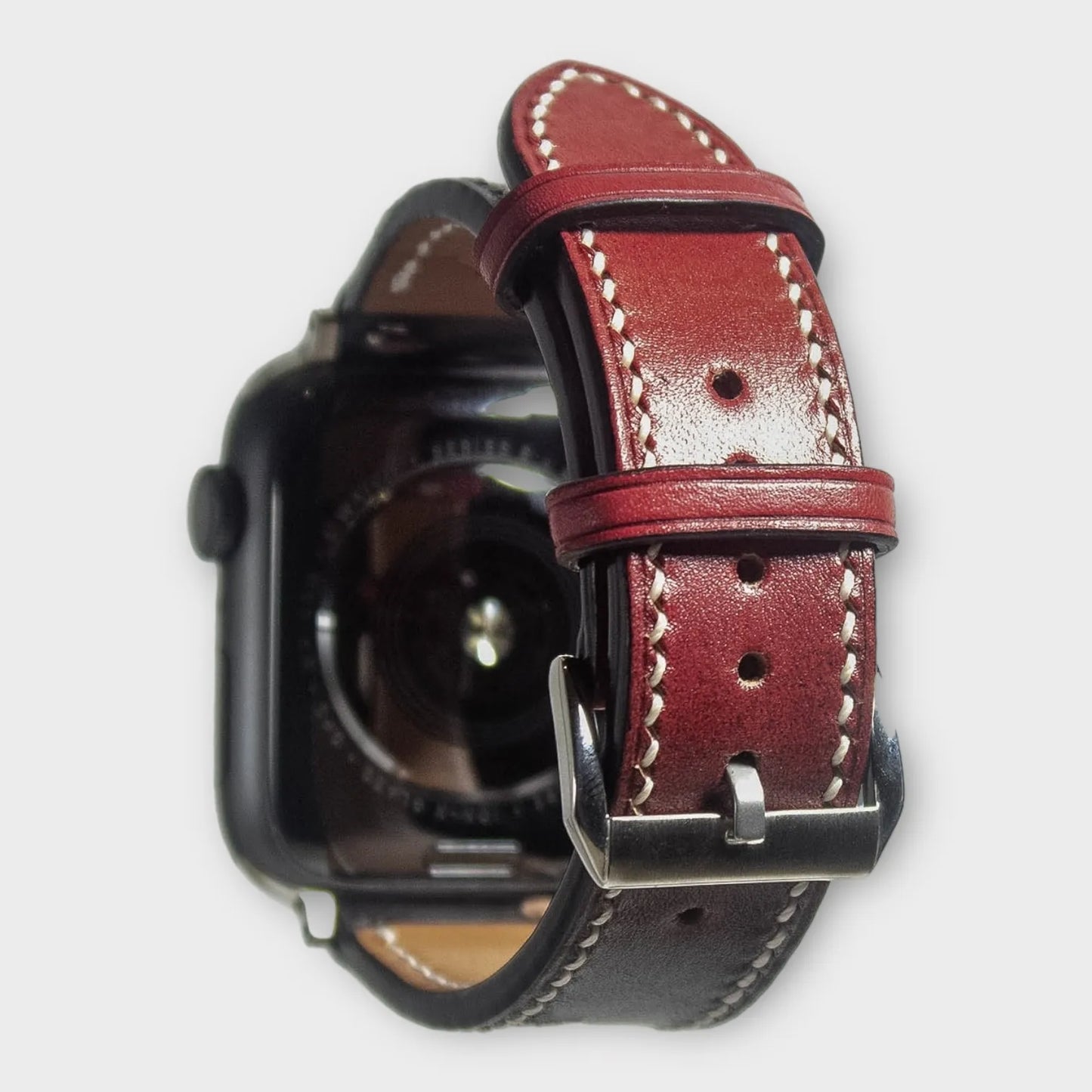 Apple watch bands featuring a smooth transition from red to black in Veg leather, stylish and eco-conscious.