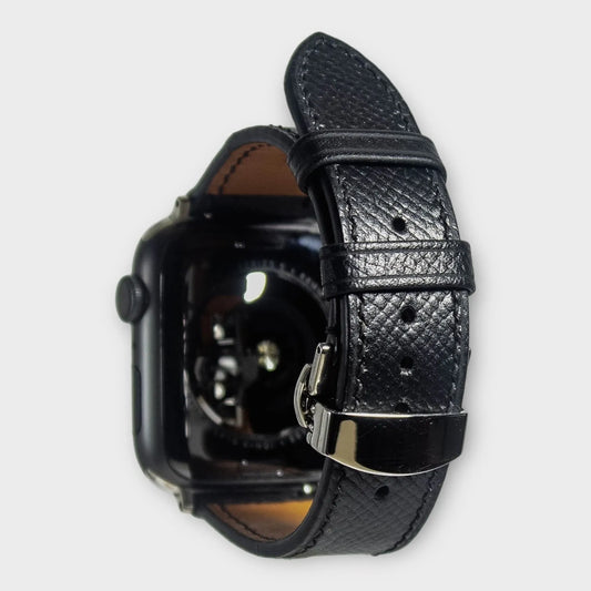 Apple watch bands in sleek black Epsom leather, combining style and sophistication for a polished look.
