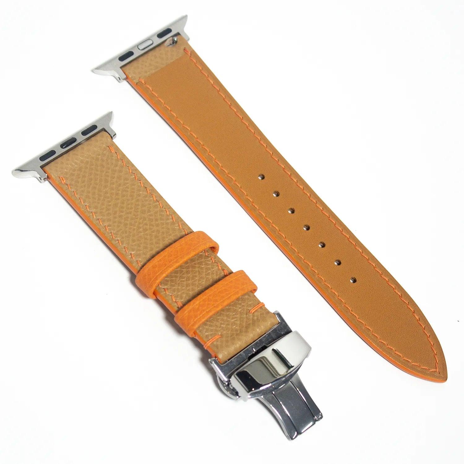 Chic leather watch bands made from beige Epsom leather, designed to add a touch of elegance to any Apple Watch.