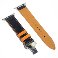 Contemporary leather watch bands designed with black Epsom leather and striking orange stitching for a bold, fashionable look.