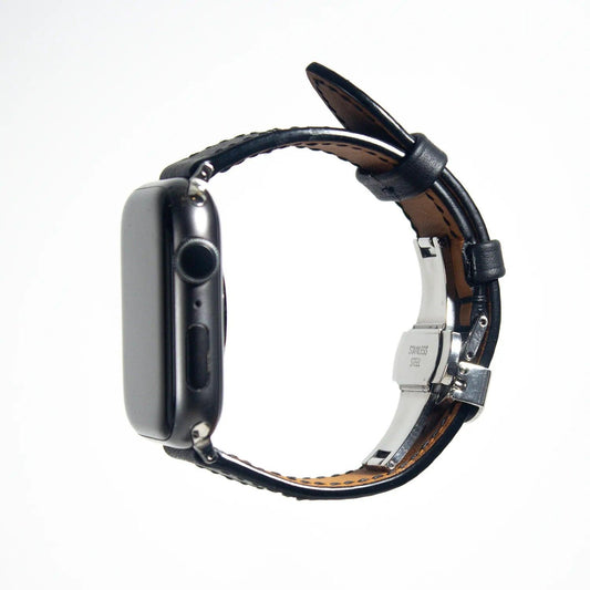 Luxurious apple watch leather band crafted from black Swift leather with subtle black stitching for a refined style.