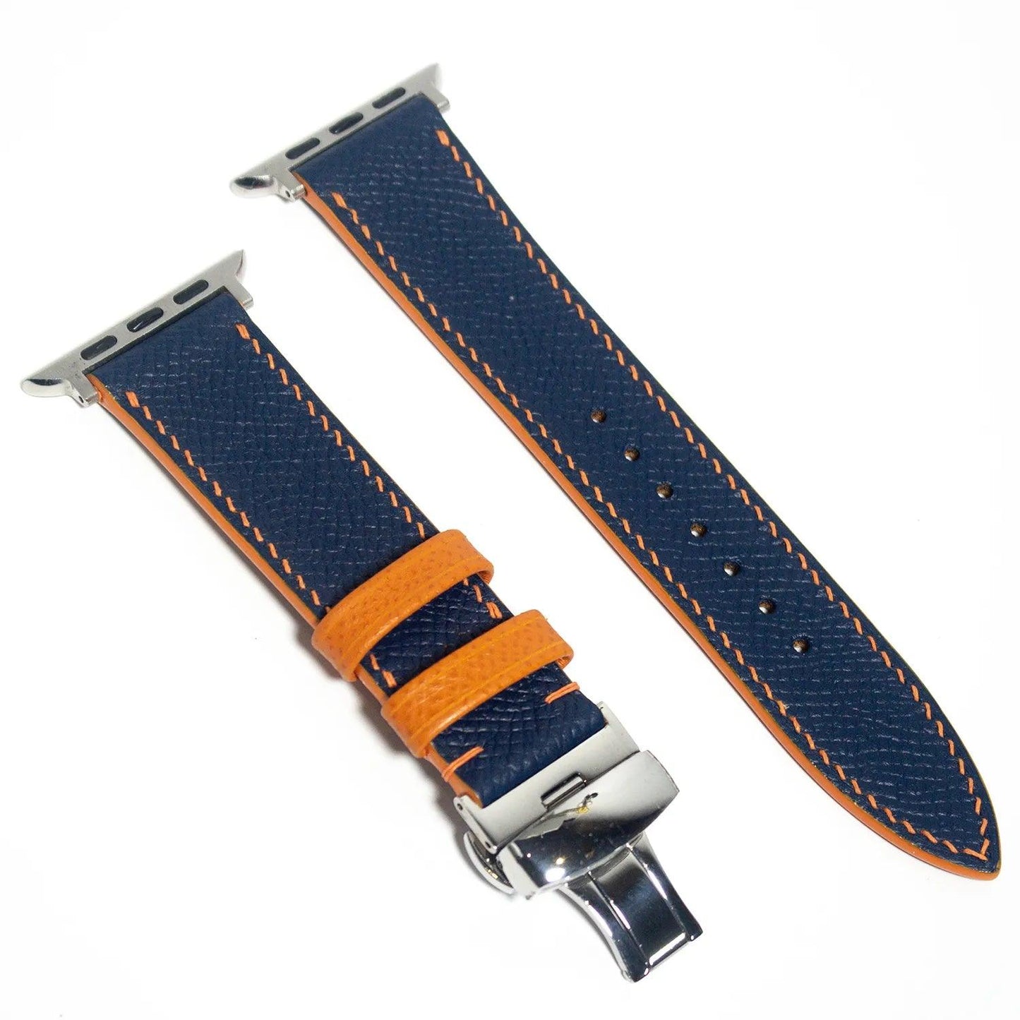 Trendy leather Apple Watch band featuring blue Epsom leather with orange stitching, blending style and contrast.