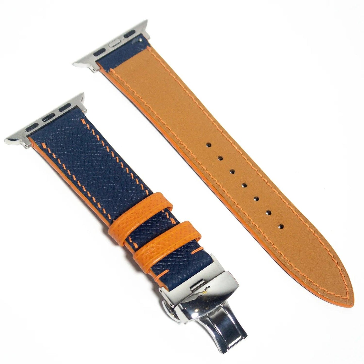 Stylish leather watch bands in blue Epsom leather with bold orange stitching, ideal for fashion-forward wearers.