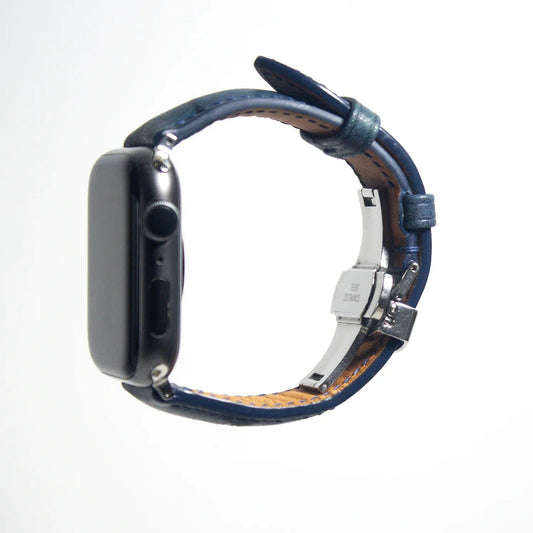 Elegant apple watch leather band crafted from blue Pueblo leather, a showcase of Italian artistry.