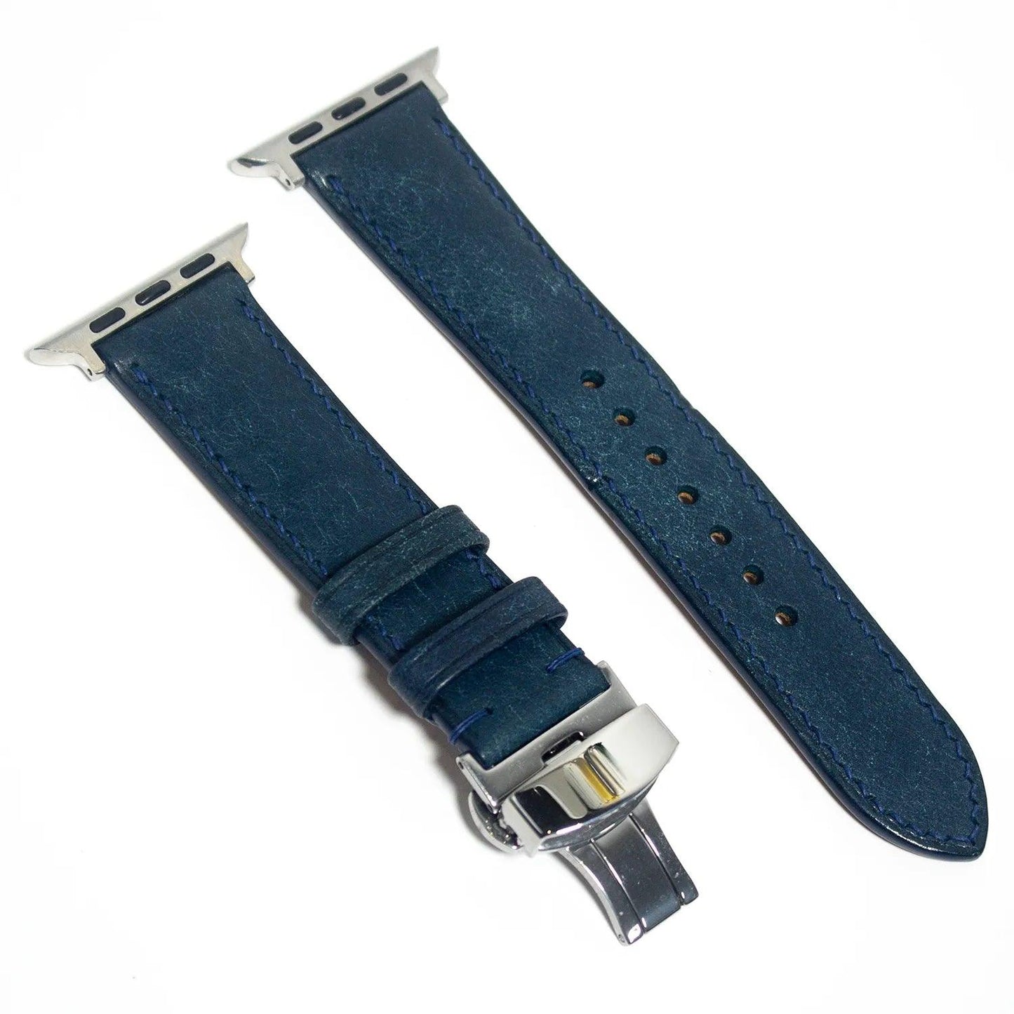 Luxurious leather Apple Watch band in blue Pueblo leather, a fine example of Italian craftsmanship.