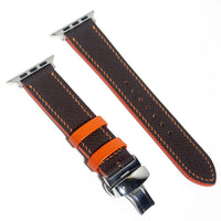 Elegant leather Apple Watch band in brown Epsom leather, enhanced with orange stitching, merging durability with style.