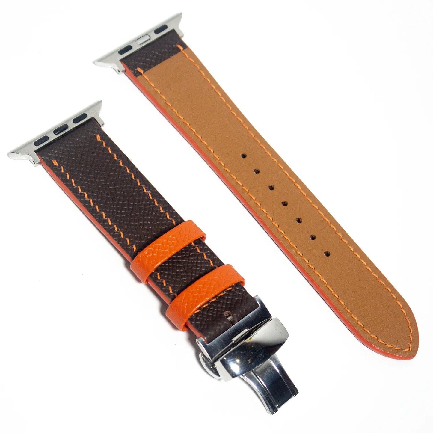 Stylish leather watch bands crafted from brown Epsom leather with eye-catching orange stitching, adding a pop of color.