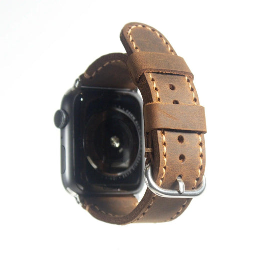 Apple watch bands in brown waxy leather, showcasing a refined style suitable for any occasion.