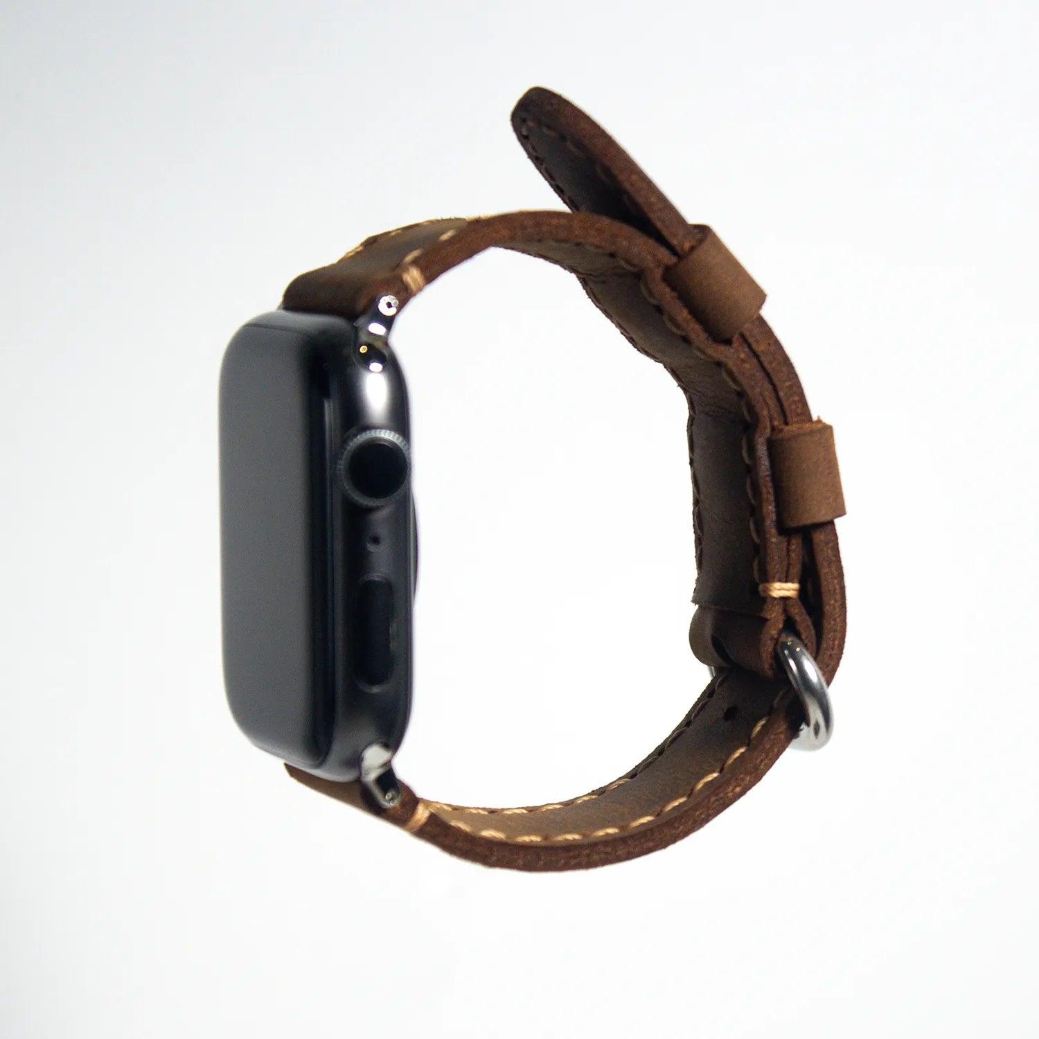 Elegant apple watch leather band made from premium brown waxy leather, epitomizing refined style.