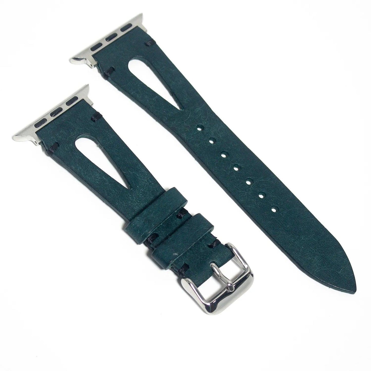 Luxurious leather Apple Watch band in dark cyan, showcasing premium Pueblo leather and Italian craftsmanship.