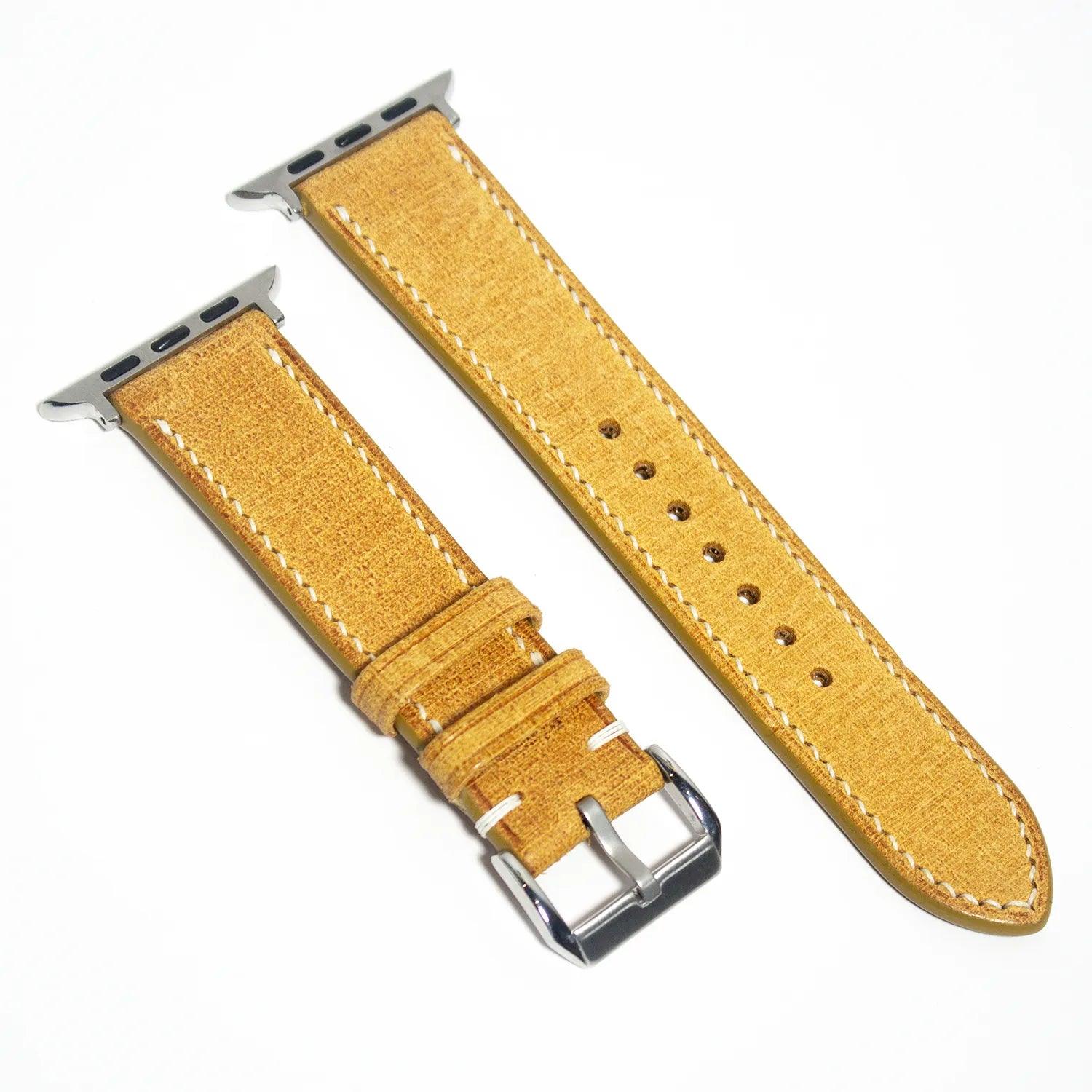 Chic leather Apple Watch band in yellow Babele leather, designed for those who appreciate bold elegance.