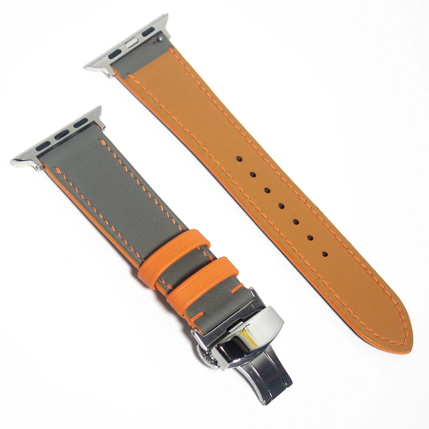 Contemporary leather watch bands in gray Swift leather, enhanced with eye-catching orange stitching.