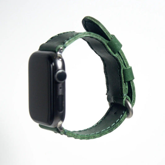 Luxurious apple watch leather band made from green Buttero Veg leather, designed for durability and sophistication.