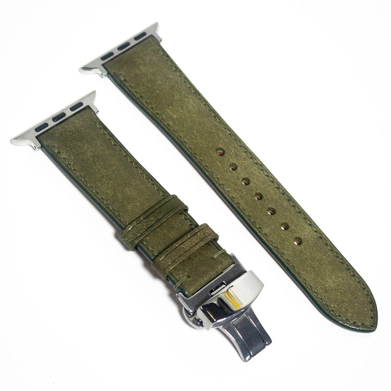 Premium leather Apple Watch band in green, crafted with exceptional Italian Pueblo leather for lasting elegance.