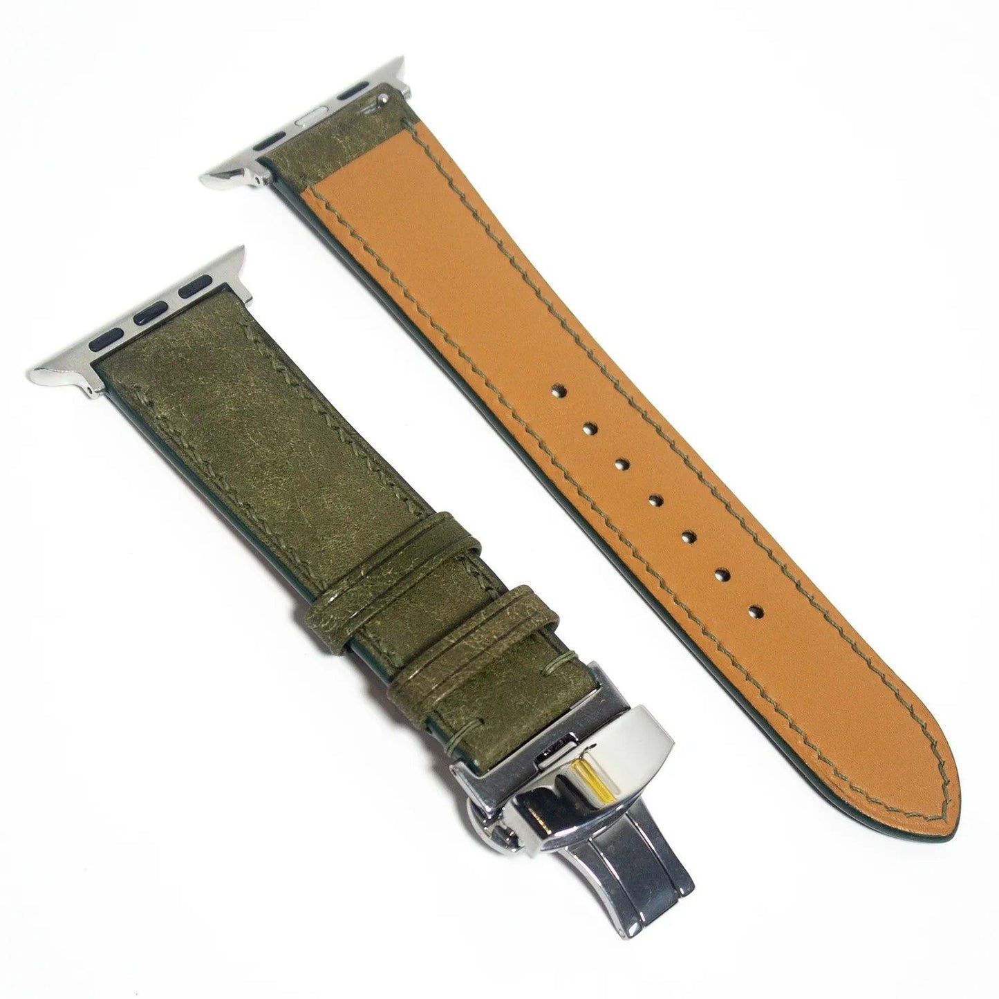 Artisan leather watch bands crafted from green Pueblo leather, featuring the finest Italian craftsmanship.