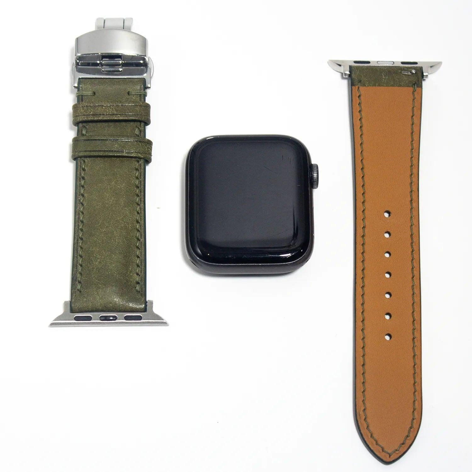 Durable leather watch straps in rich green Pueblo leather, handcrafted with Italian precision and style.