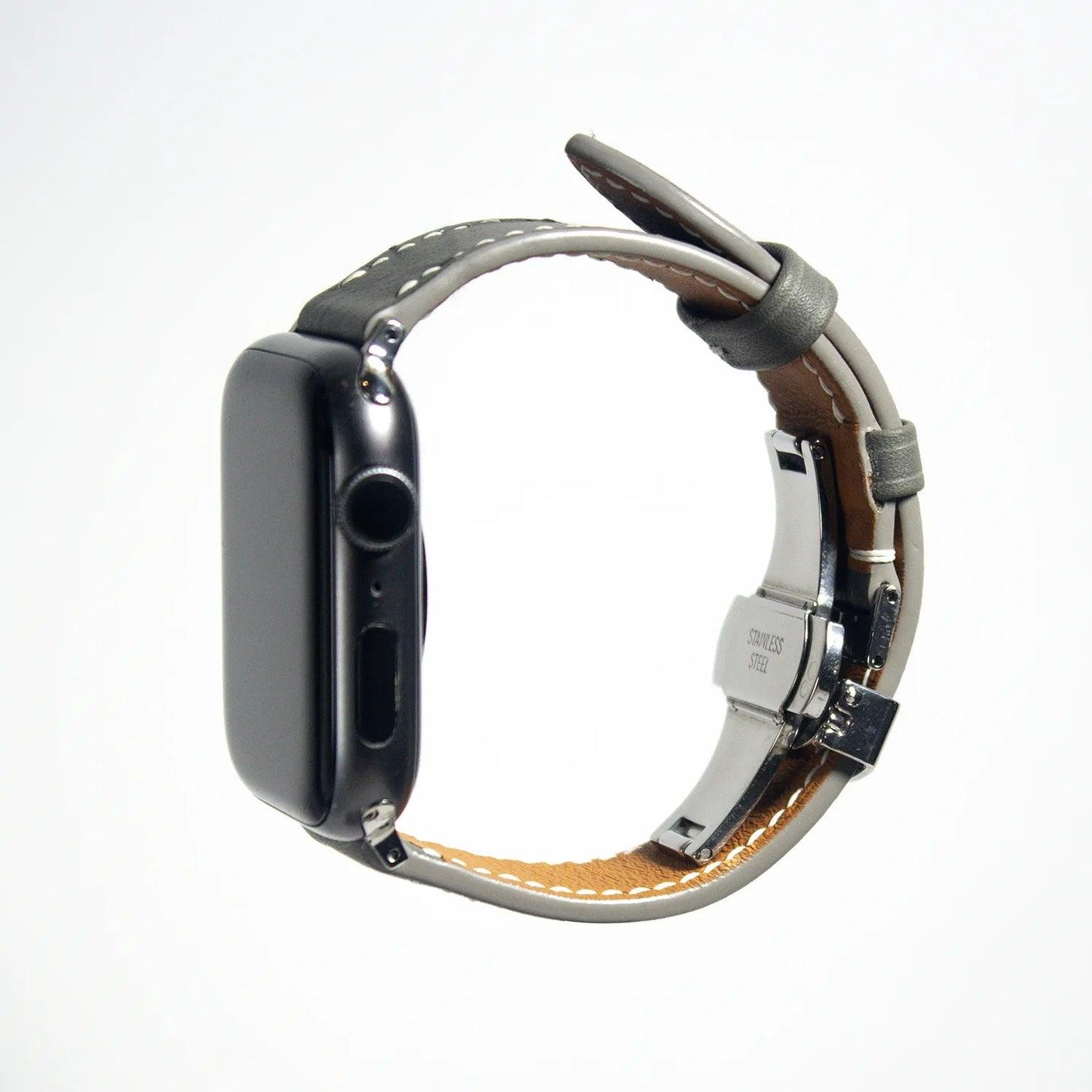 Sophisticated apple watch leather band made from grey Swift leather, combining elegance with durability.