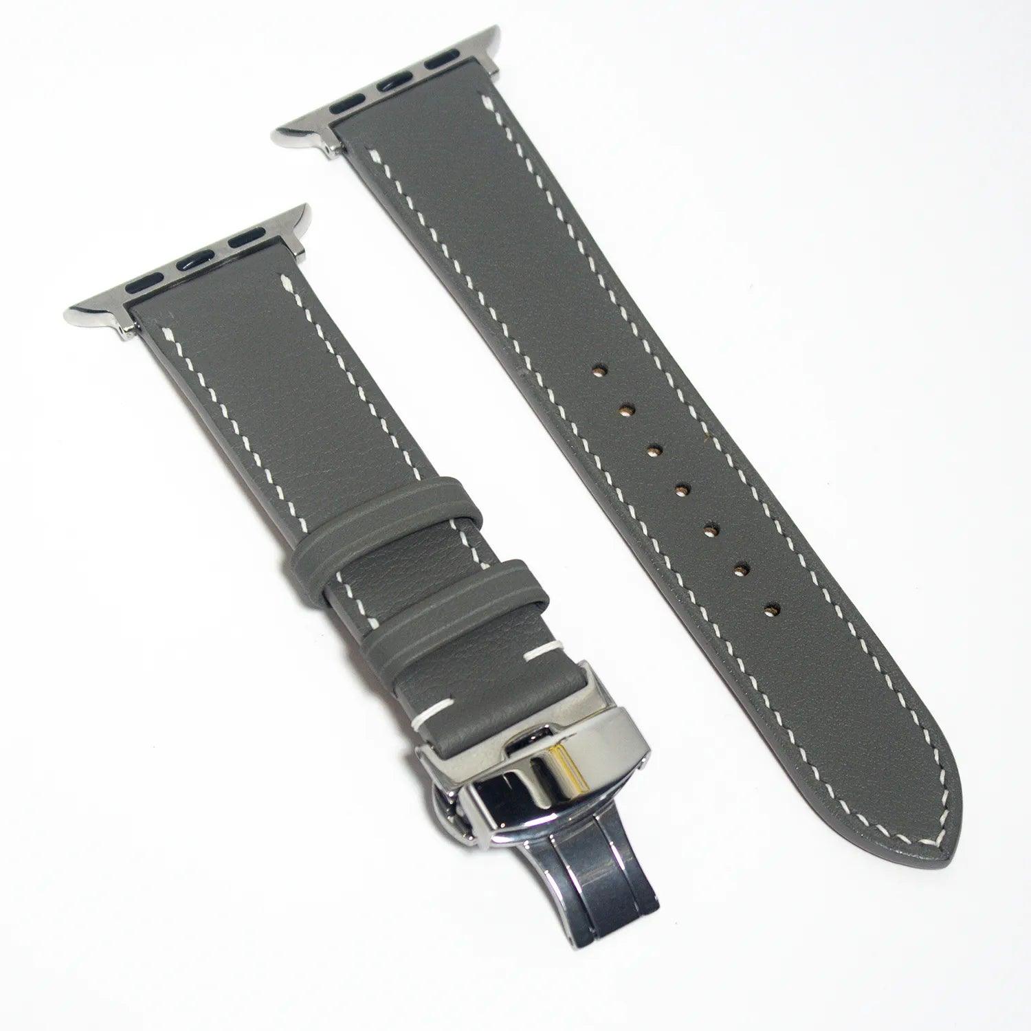 Luxurious leather Apple Watch band in grey Swift leather, perfect blend of elegance and resilience.