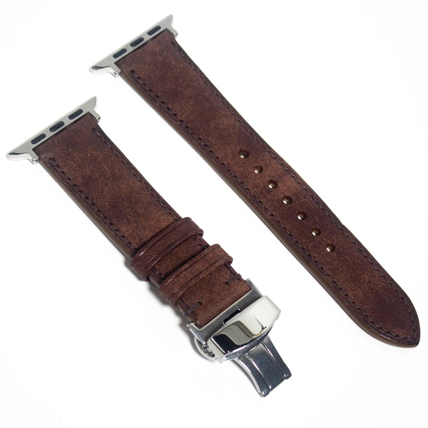 Luxurious leather Apple Watch band made with Italian brown Pueblo leather, offering unmatched artisanal elegance.