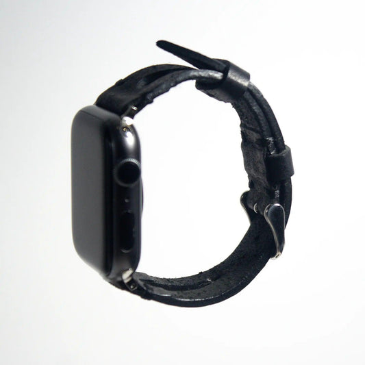 Sophisticated apple watch leather band in black Pueblo leather, meticulously crafted in Italy.