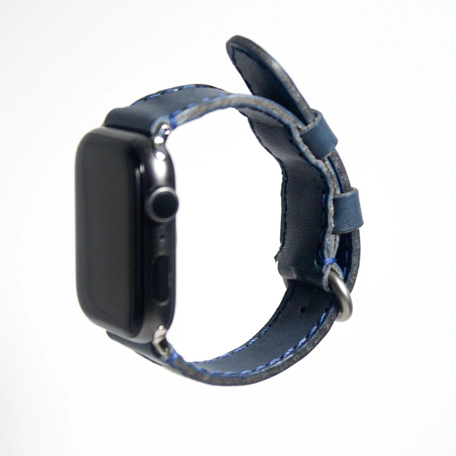 Elegant apple watch leather band crafted from blue Buttero Veg leather, perfect for a luxurious accessory upgrade.