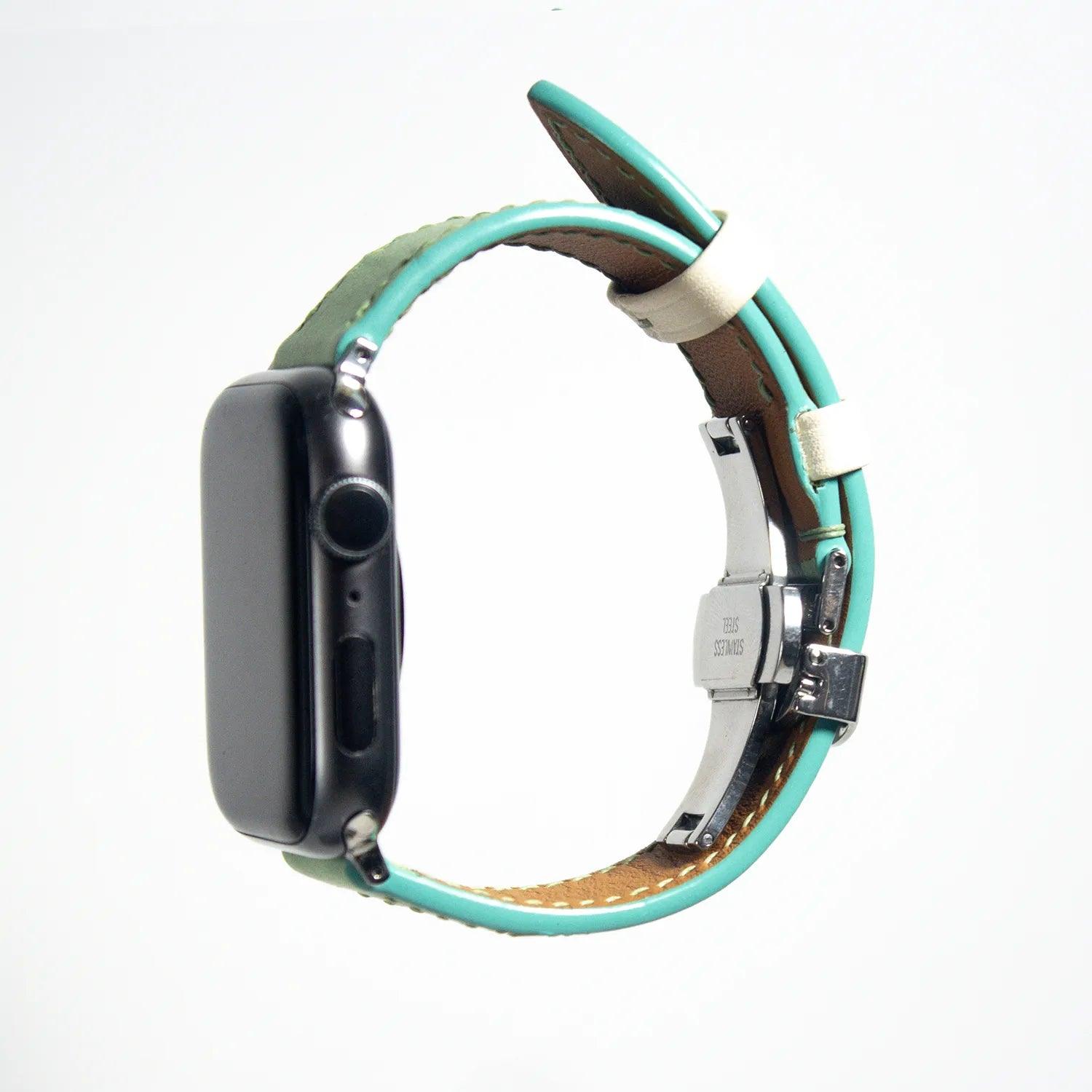 Chic apple watch leather band in mint green Swift leather, perfect for a stylish, vibrant look.