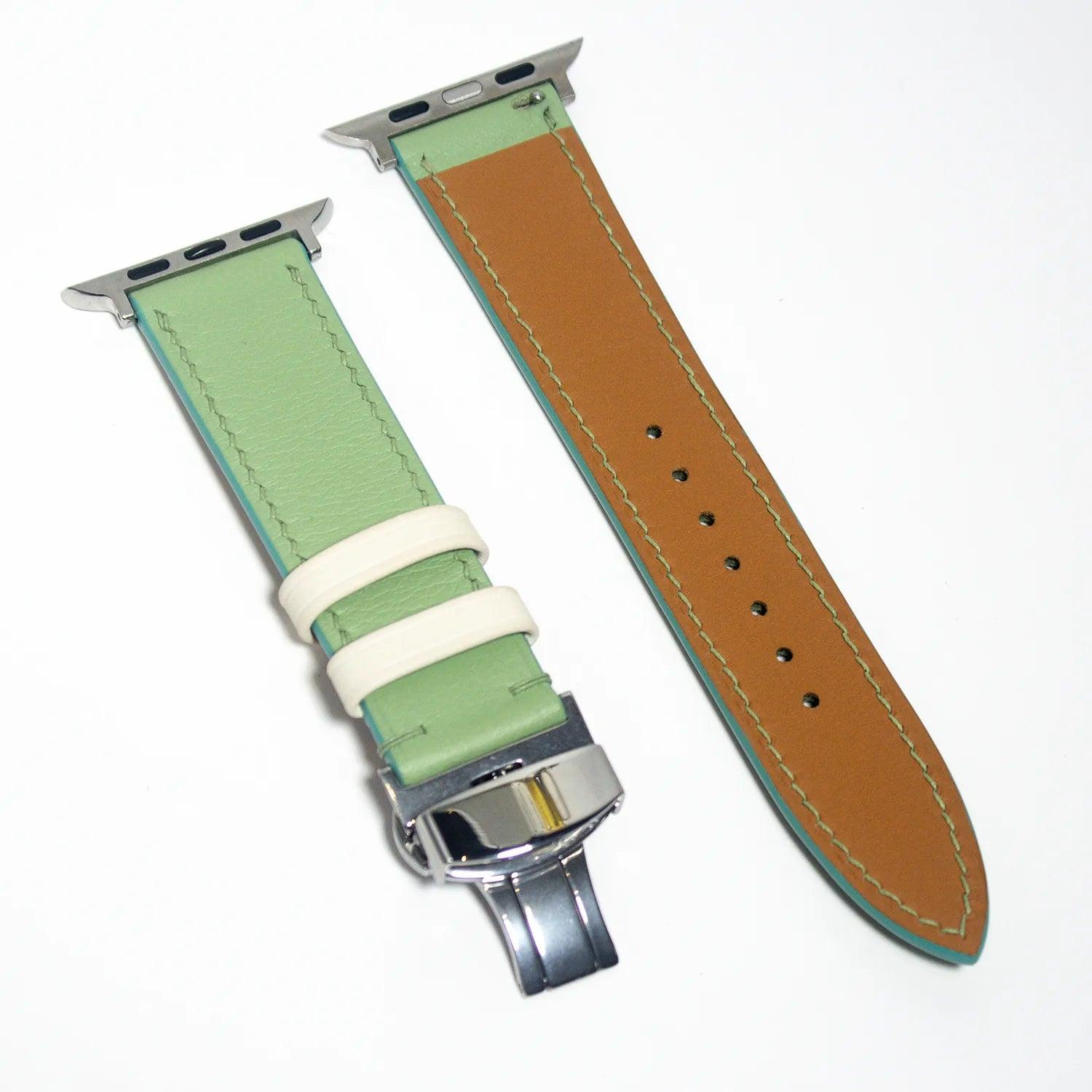 Stylish leather watch bands in mint green, made from Swift leather, ideal for fashion-forward Apple Watch owners.