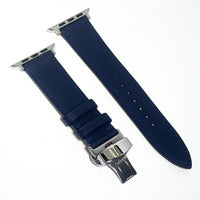Elegant leather Apple Watch band in navy blue Swift leather, perfect for adding a touch of classic sophistication.