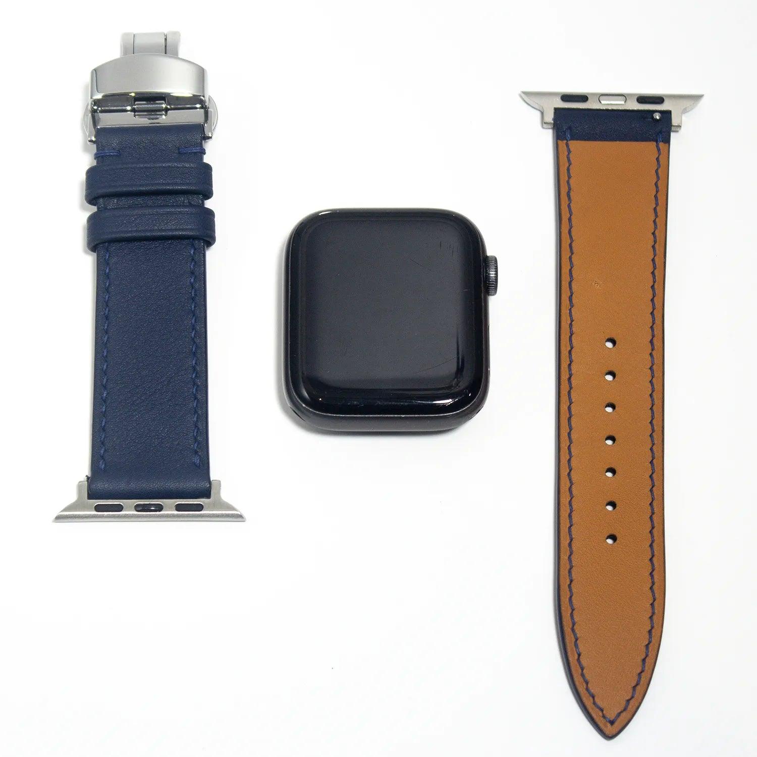 Durable leather watch straps in rich navy blue Swift leather, ideal for achieving a look of classic elegance.