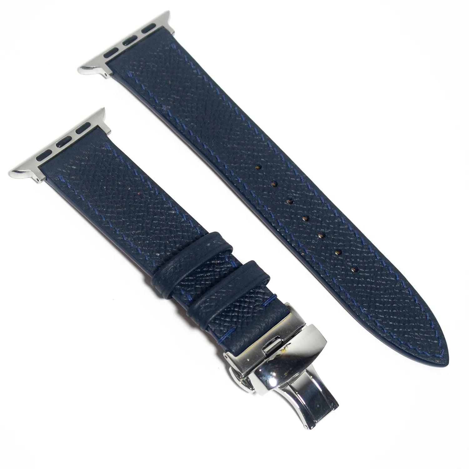 Luxurious leather Apple Watch band in navy, made from Epsom leather, showcasing timeless elegance and style.