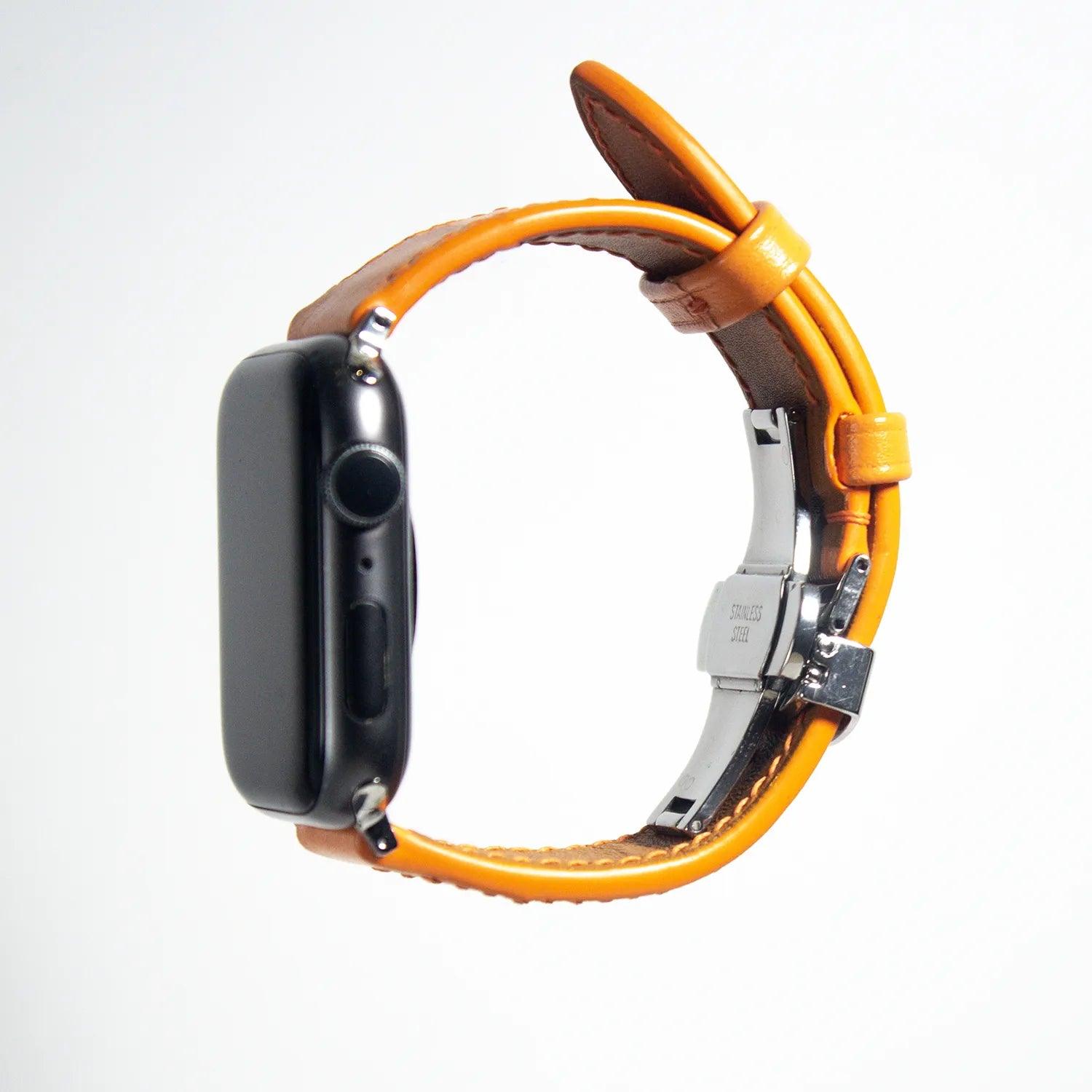 Stand out with this apple watch leather band in vivid orange Swift leather, blending vibrancy with elegance.