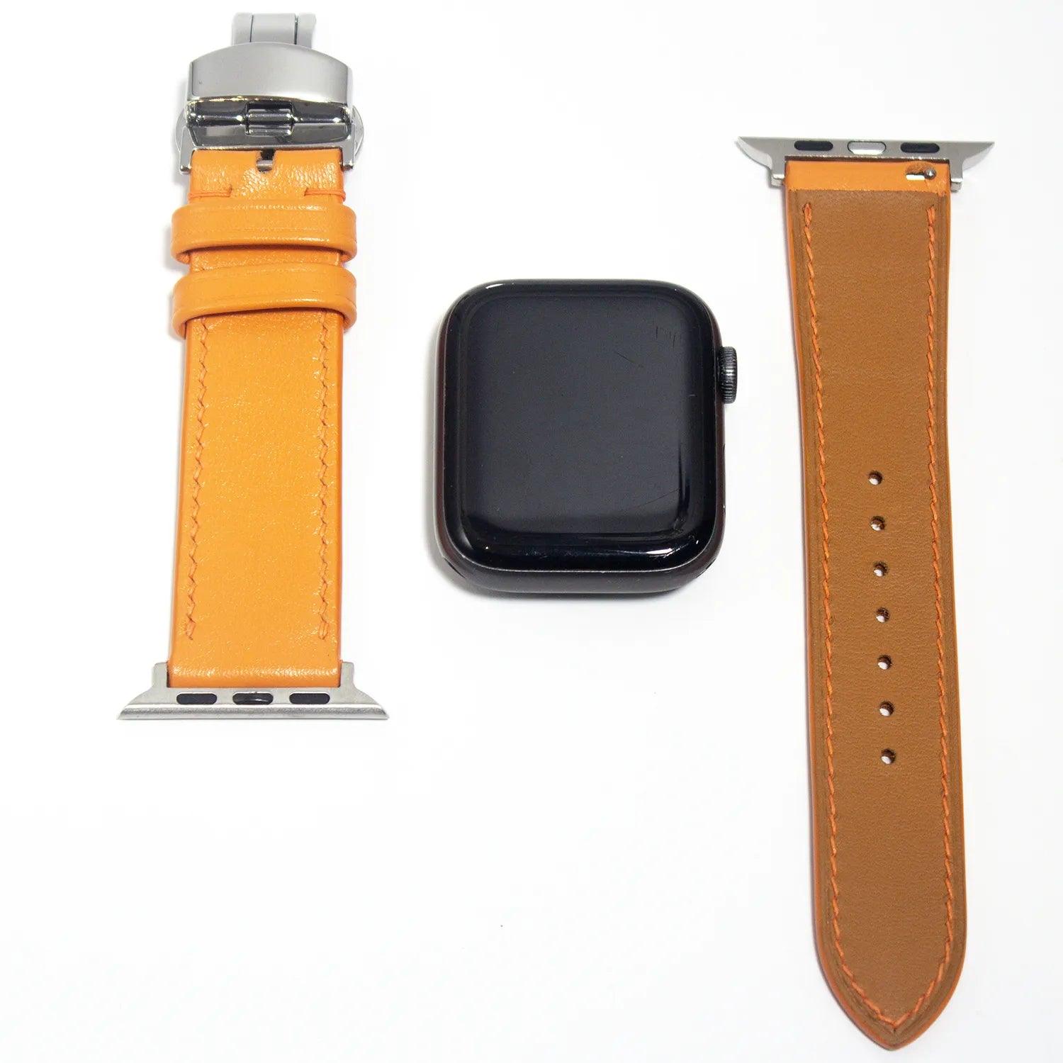 Durable leather watch straps in a striking orange Swift leather, designed for both style and long-lasting elegance.