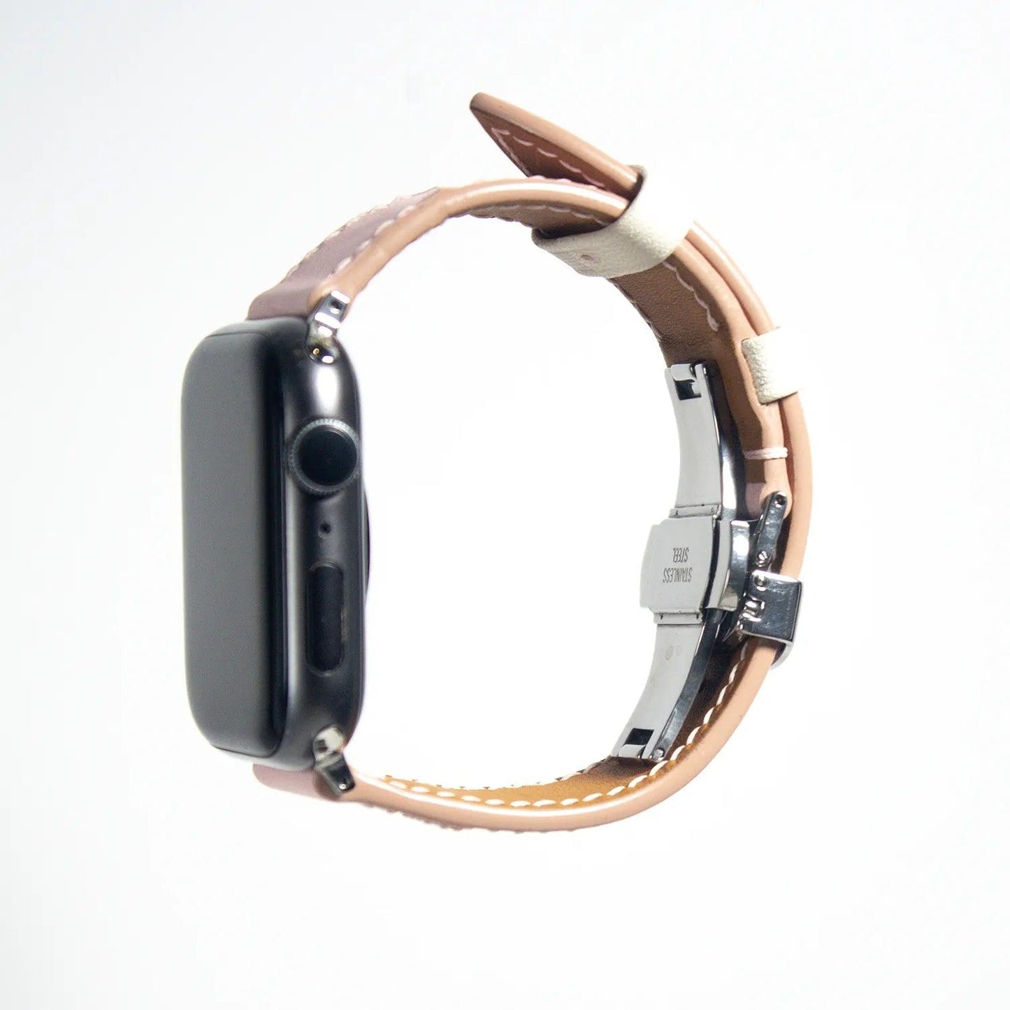 Stylish apple watch leather band made from pink Swift leather, perfect for a sophisticated wardrobe.