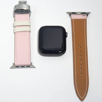 High-quality leather watch straps in soft pink Swift leather, designed for comfort and sophisticated style.