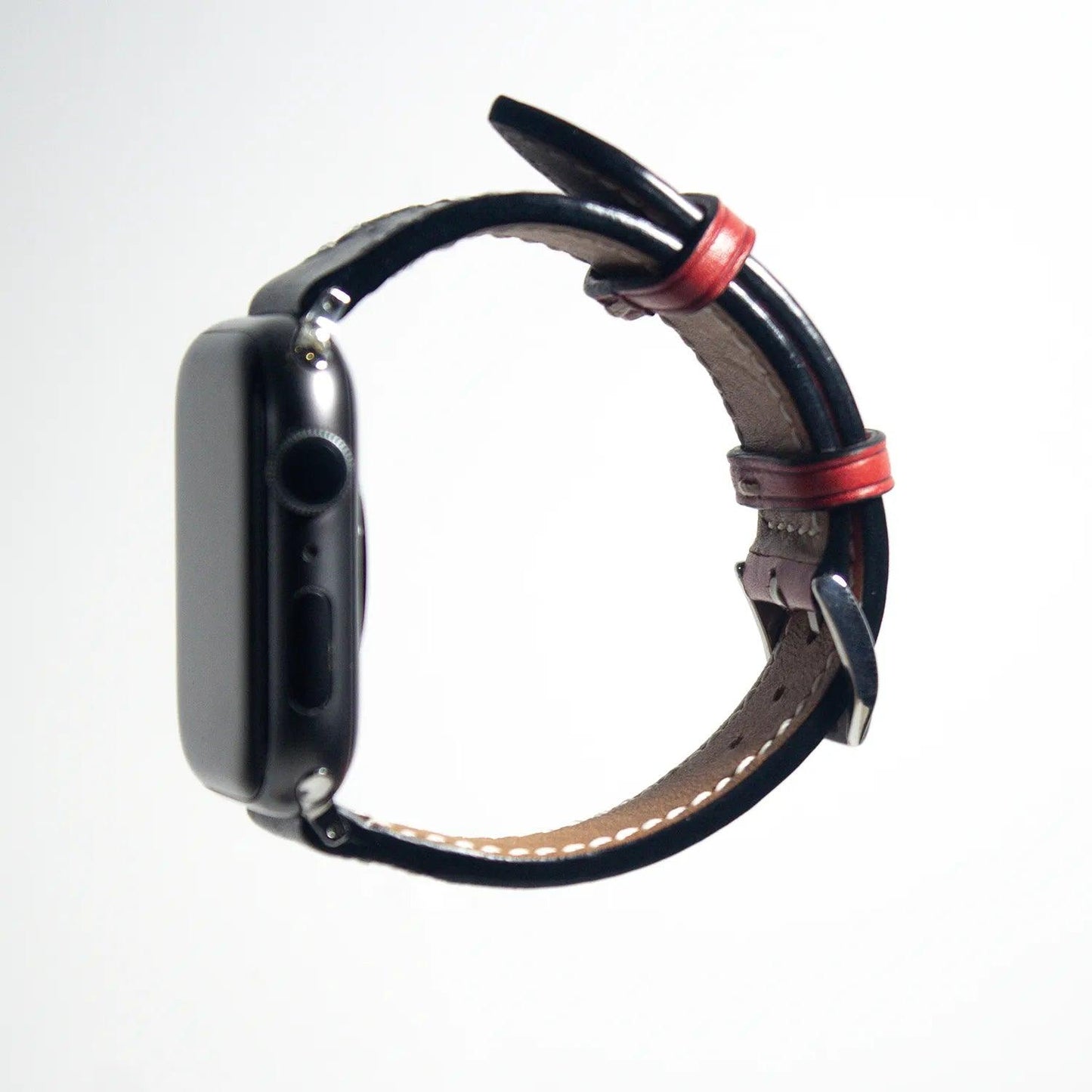 Elegant apple watch leather band in Veg leather, with a seamless gradient from red to black for a bold look.